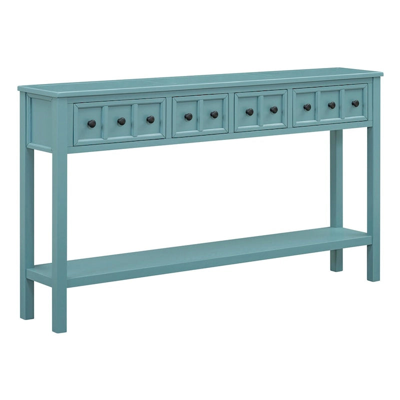 Turquoise Green Rustic 60 Pine Wood Console Table with 4 Drawers, Bottom Shelf, and Distressed Finish for Entryway