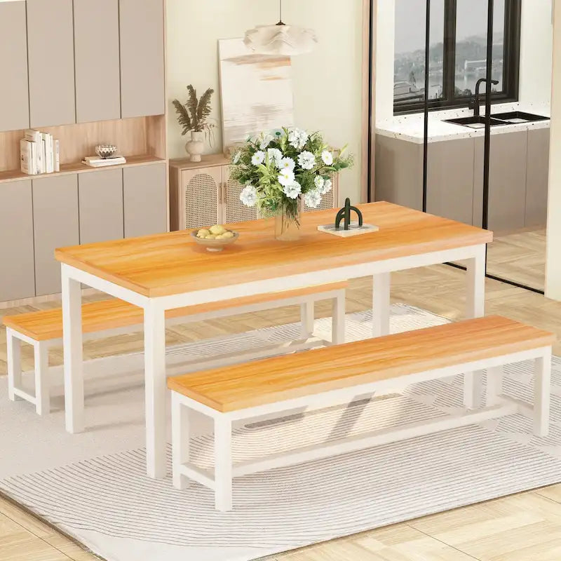 Mieres 3-Piece Dining Table Set with Two Benches, Kitchen Table Set for 4-6 Persons