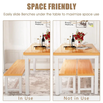 Mieres 3-Piece Dining Table Set with Two Benches, Kitchen Table Set for 4-6 Persons