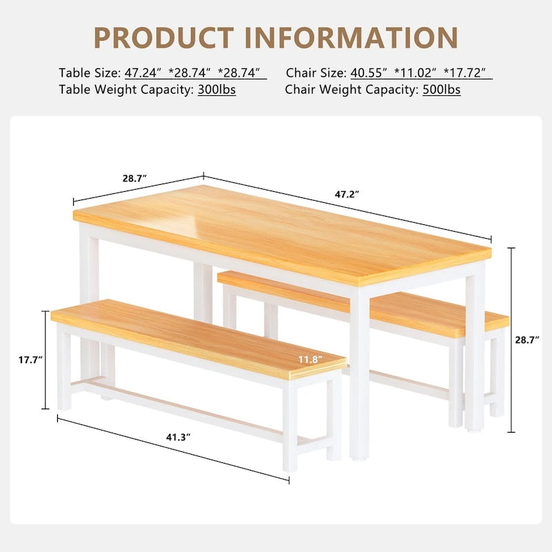 Mieres 3-Piece Dining Table Set with Two Benches, Kitchen Table Set for 4-6 Persons