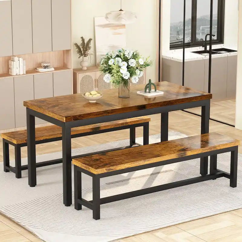 Mieres 3-Piece Dining Table Set with Two Benches, Kitchen Table Set for 4-6 Persons
