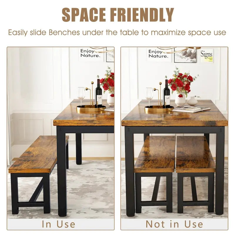 Mieres 3-Piece Dining Table Set with Two Benches, Kitchen Table Set for 4-6 Persons