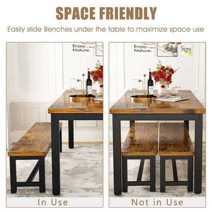 Mieres 3-Piece Dining Table Set with Two Benches, Kitchen Table Set for 4-6 Persons