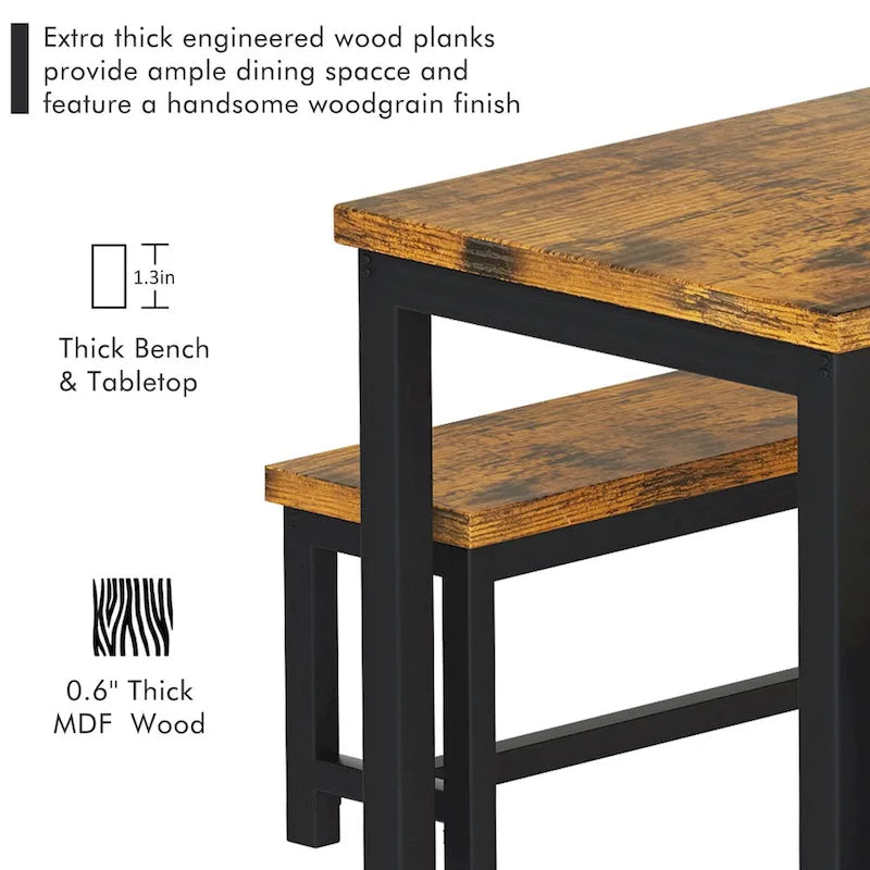 Mieres 3-Piece Dining Table Set with Two Benches, Kitchen Table Set for 4-6 Persons