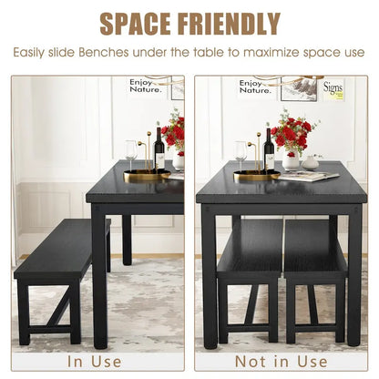 Mieres 3-Piece Dining Table Set with Two Benches, Kitchen Table Set for 4-6 Persons