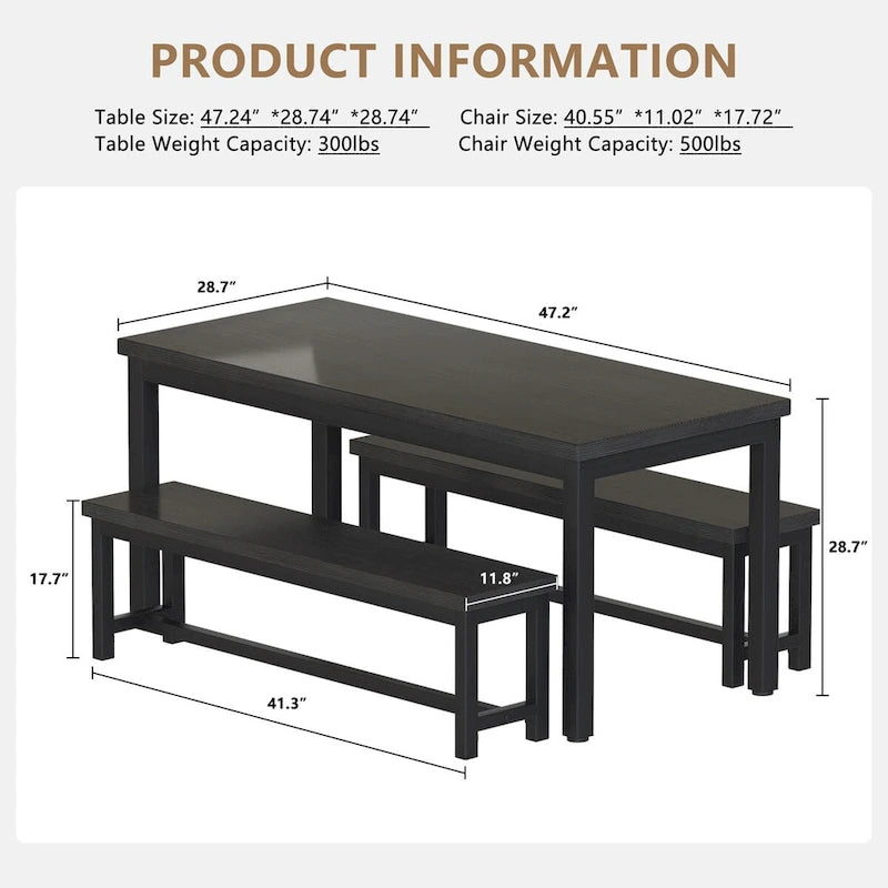 Mieres 3-Piece Dining Table Set with Two Benches, Kitchen Table Set for 4-6 Persons