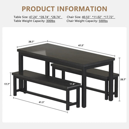 Mieres 3-Piece Dining Table Set with Two Benches, Kitchen Table Set for 4-6 Persons
