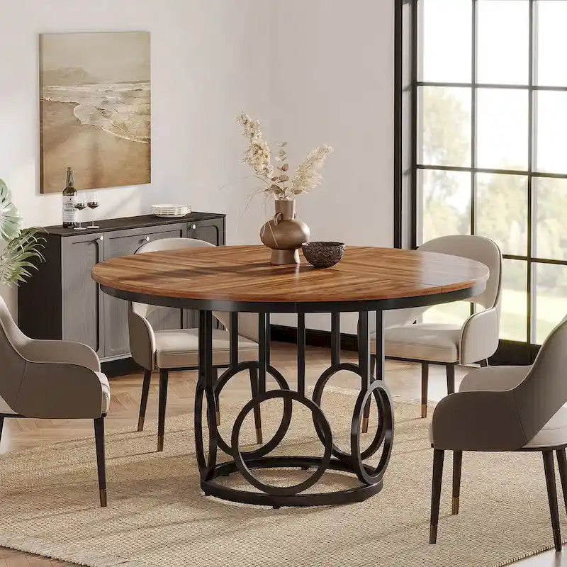 47 Round Dining Table for 4-6 with Sturdy Metal Base for Dining Room