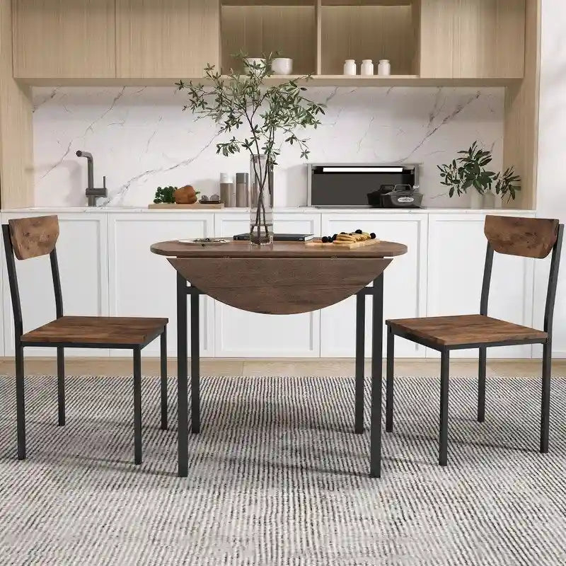 3 Piece Drop Leaf Dining Table Set, Modern Counter Height Round Dining Set with 2 Chairs, Wood Small Kitchen Table Set