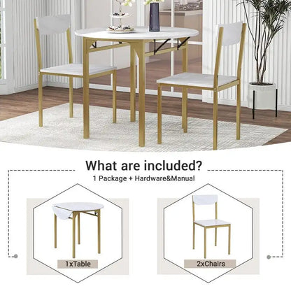 3 Piece Drop Leaf Dining Table Set, Modern Counter Height Round Dining Set with 2 Chairs, Wood Small Kitchen Table Set