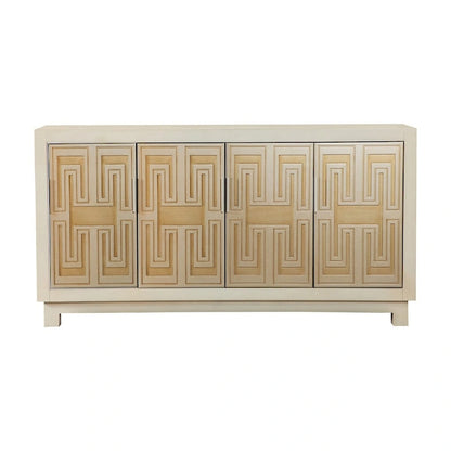 60 Inch Rustic 4 Door Sideboard Cabinet Console, White Gold Front Pattern
