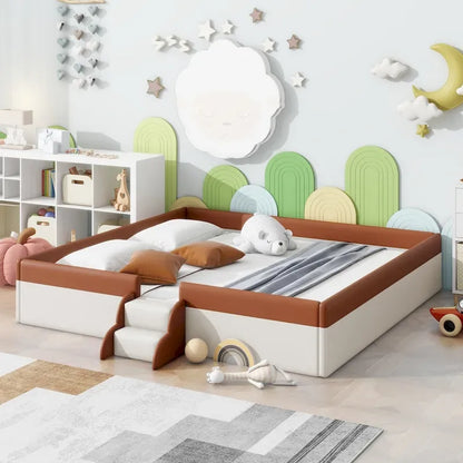 King Size Upholstered Daybed Frame with Fence and Stairs