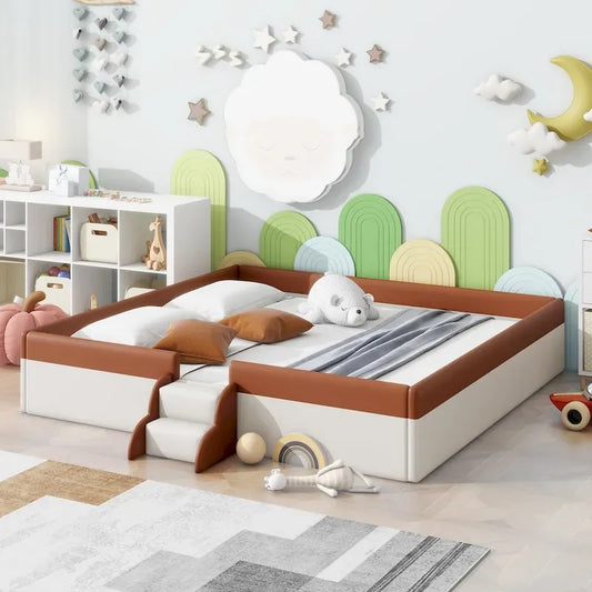 King Size Upholstered Daybed Frame with Fence and Stairs