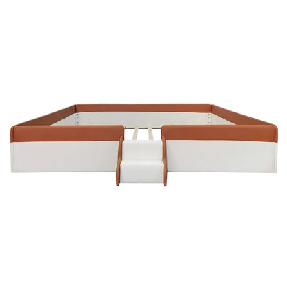 King Size Upholstered Daybed Frame with Fence and Stairs