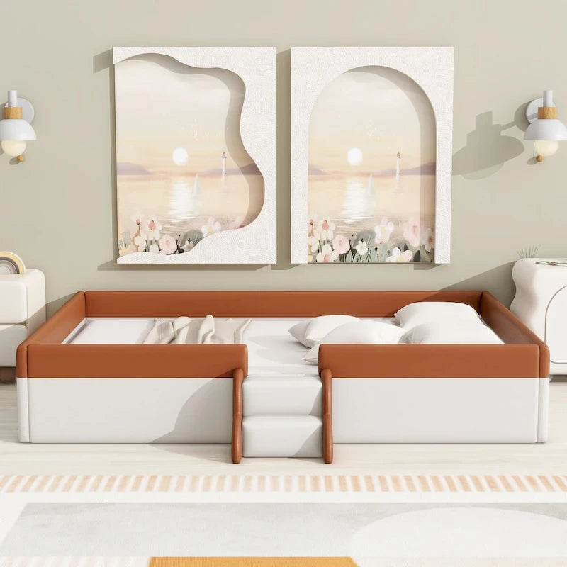 King Size Upholstered Daybed Frame with Fence and Stairs