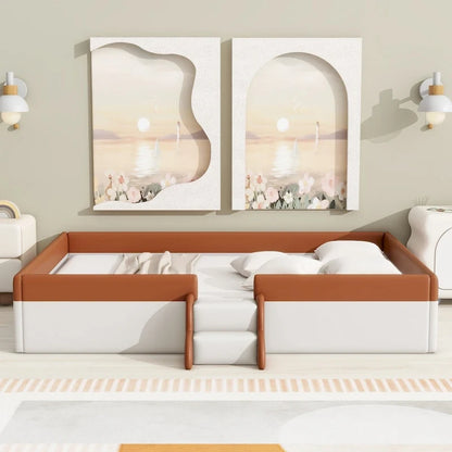 King Size Upholstered Daybed Frame with Fence and Stairs