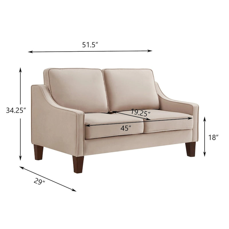 Modern Loveseat Sofa for Living Room Upholstered Velvet Small Couch - 51.5L x 29 W x 34.25 H , Seat height: 18