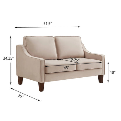 Modern Loveseat Sofa for Living Room Upholstered Velvet Small Couch - 51.5L x 29 W x 34.25 H , Seat height: 18