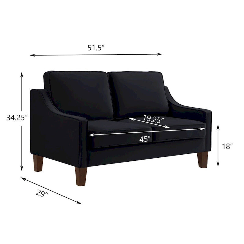 Modern Loveseat Sofa for Living Room Upholstered Velvet Small Couch - 51.5L x 29 W x 34.25 H , Seat height: 18