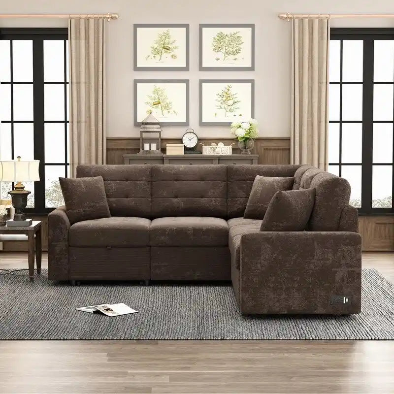 82.6 L-shape Sofa Bed,Sleeper Sofa with Wheels and USB Ports