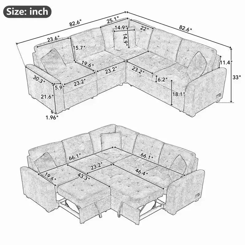 82.6 L-shape Sofa Bed,Sleeper Sofa with Wheels and USB Ports