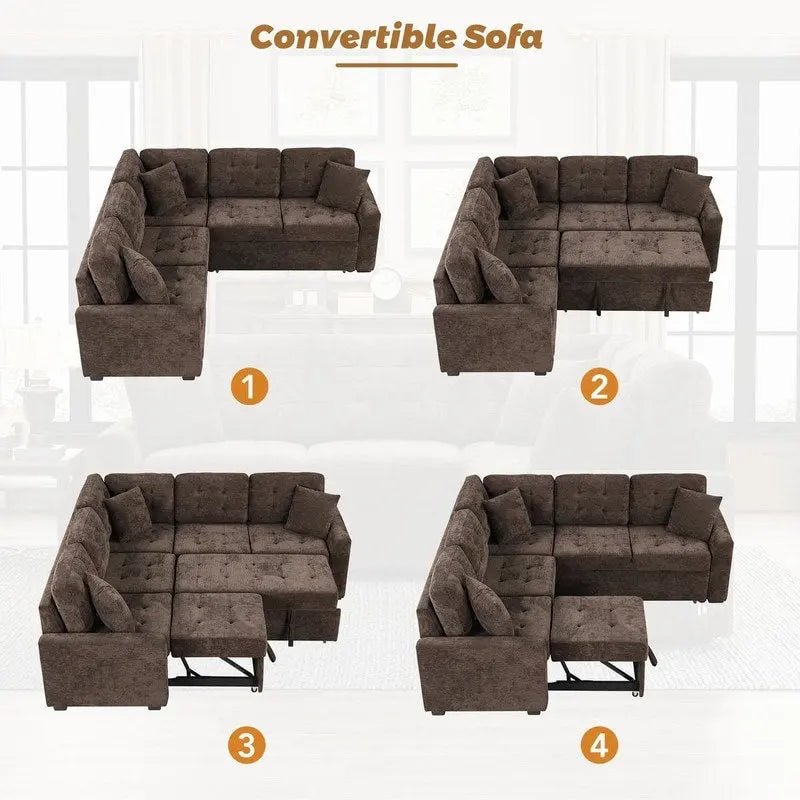 82.6 L-shape Sofa Bed,Sleeper Sofa with Wheels and USB Ports