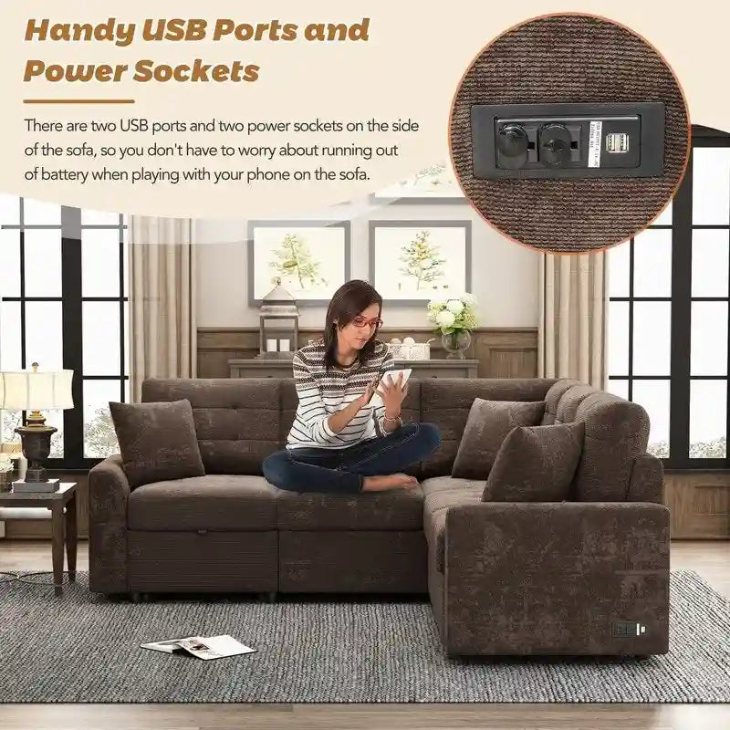 82.6 L-shape Sofa Bed,Sleeper Sofa with Wheels and USB Ports