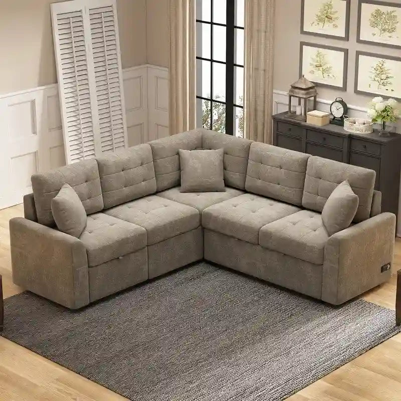 82.6 L-shape Sofa Bed,Sleeper Sofa with Wheels and USB Ports