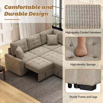 82.6 L-shape Sofa Bed,Sleeper Sofa with Wheels and USB Ports