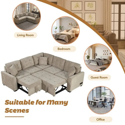 82.6 L-shape Sofa Bed,Sleeper Sofa with Wheels and USB Ports