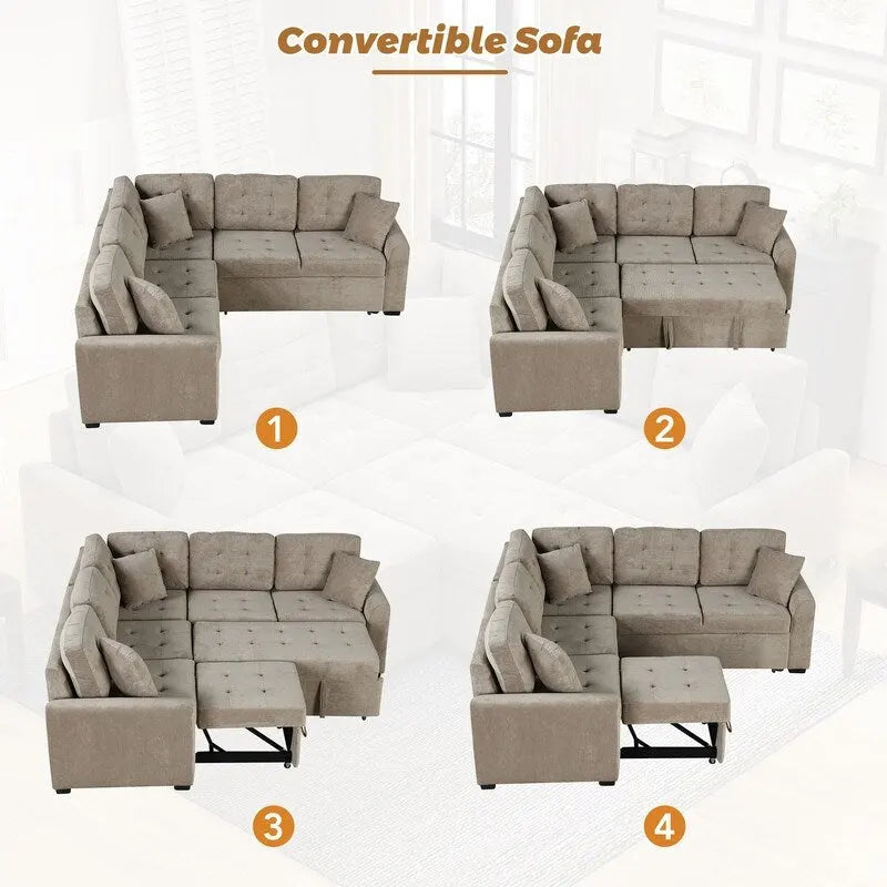 82.6 L-shape Sofa Bed,Sleeper Sofa with Wheels and USB Ports