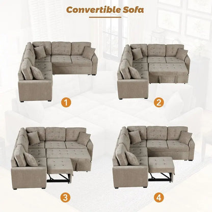 82.6 L-shape Sofa Bed,Sleeper Sofa with Wheels and USB Ports