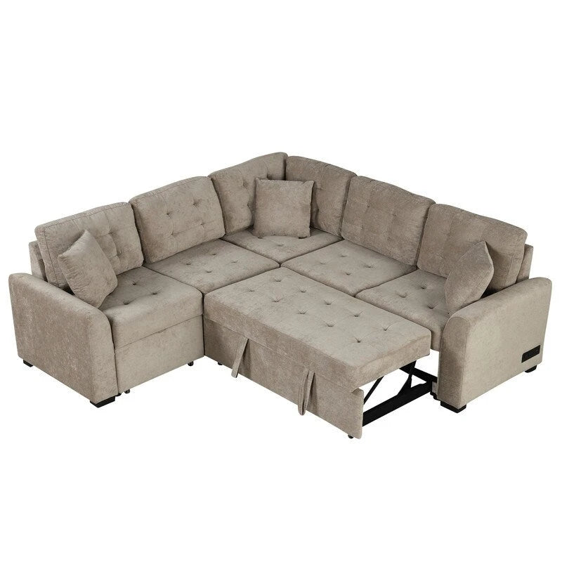 82.6 L-shape Sofa Bed,Sleeper Sofa with Wheels and USB Ports