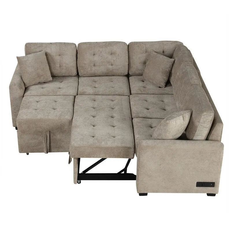 82.6 L-shape Sofa Bed,Sleeper Sofa with Wheels and USB Ports