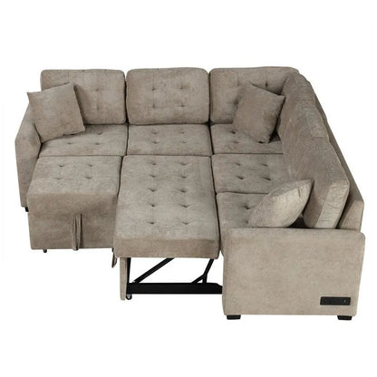 82.6 L-shape Sofa Bed,Sleeper Sofa with Wheels and USB Ports