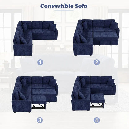 82.6 L-shape Sofa Bed,Sleeper Sofa with Wheels and USB Ports