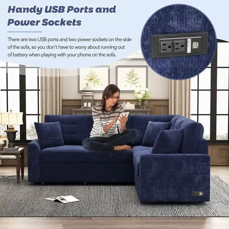 82.6 L-shape Sofa Bed,Sleeper Sofa with Wheels and USB Ports