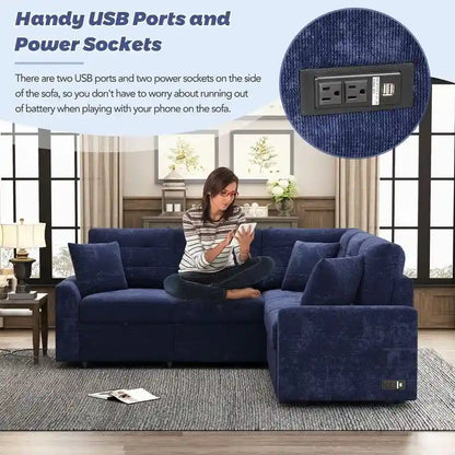 82.6 L-shape Sofa Bed,Sleeper Sofa with Wheels and USB Ports
