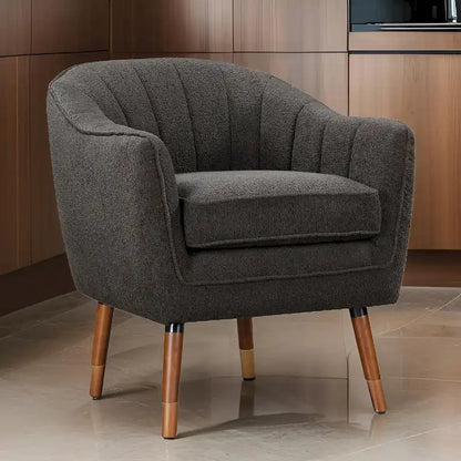 Tia 31 Inch Plush Accent Chair Armchair, Gray Polyester, Brown Solid Wood