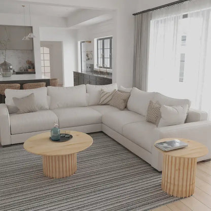 Sejo Coffee Table, 34 Inch Round Top with Fluted Base in Natural Brown Mango Wood