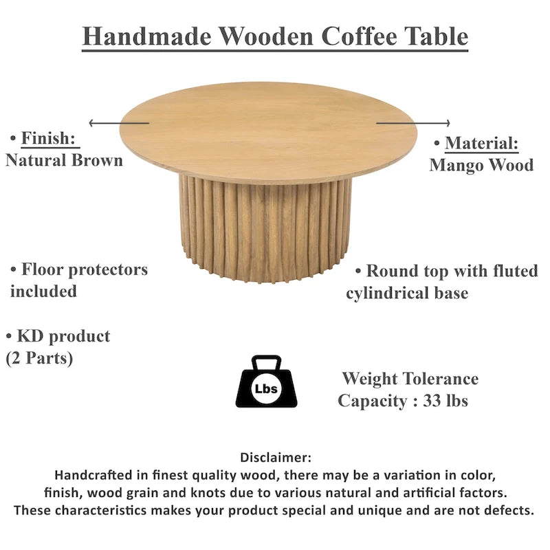 Sejo Coffee Table, 34 Inch Round Top with Fluted Base in Natural Brown Mango Wood