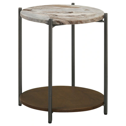 20 Inch Accent Table, Round Marble Top, 1 Shelf, Brown, Gunmetal Finish