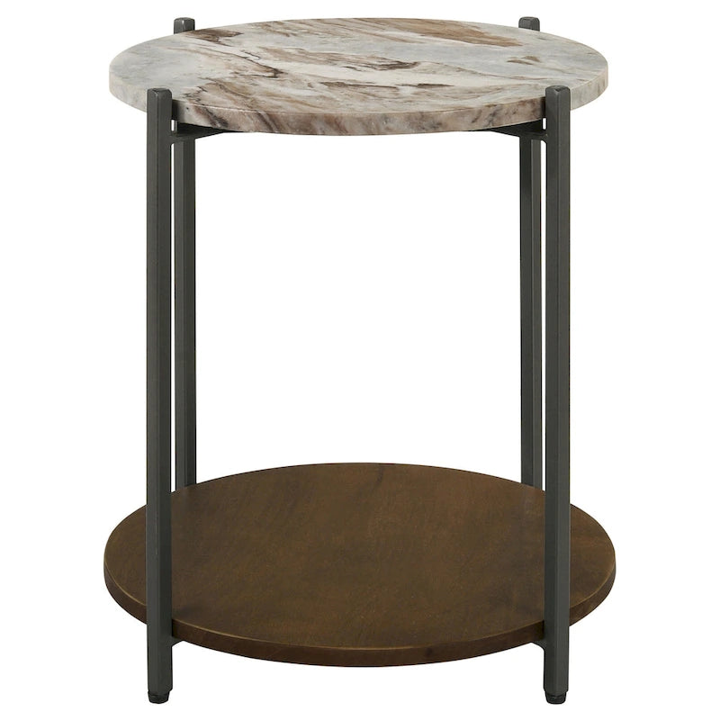20 Inch Accent Table, Round Marble Top, 1 Shelf, Brown, Gunmetal Finish