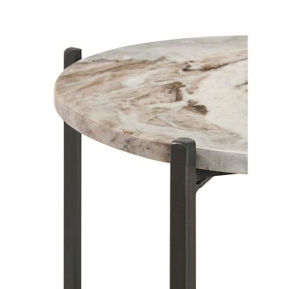20 Inch Accent Table, Round Marble Top, 1 Shelf, Brown, Gunmetal Finish