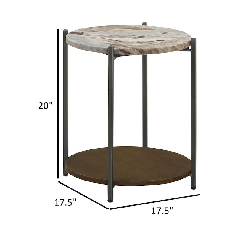 20 Inch Accent Table, Round Marble Top, 1 Shelf, Brown, Gunmetal Finish