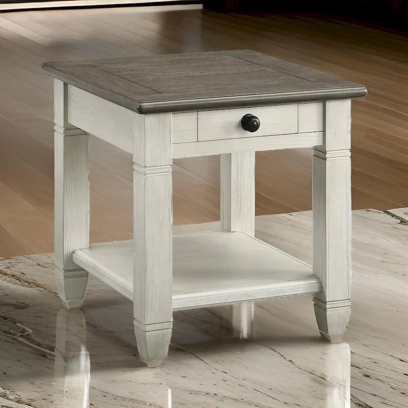 Rome 26 Inch Side End Table, Square, 1 Drawer, Brown, White, Solid Wood