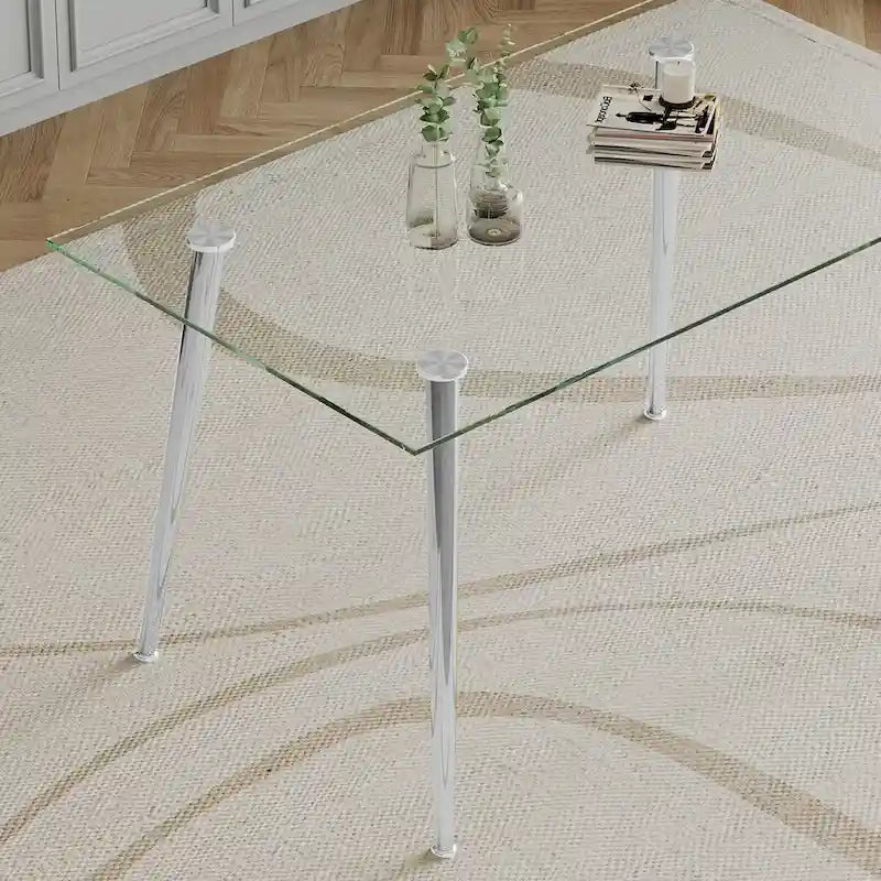0.32 Thick Tempered Glass Top Dining Table with Stainless Steel Legs for Small Space, Dining Room