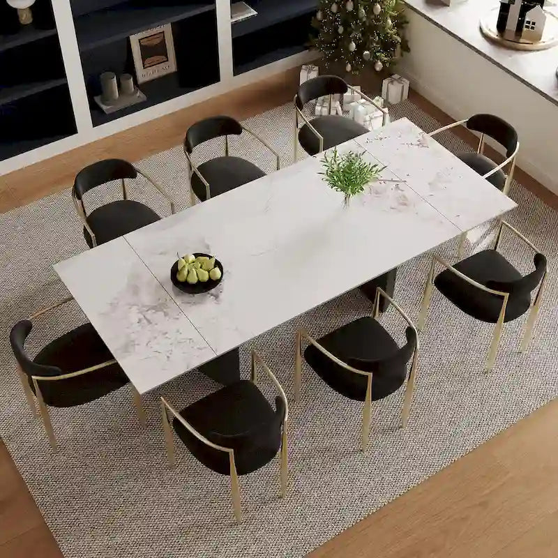 9 - Piece 94.48 Modern Minimalist Extendable Sintered Stone Top Double Pedestal Dining Set With 8 Fabric Chairs