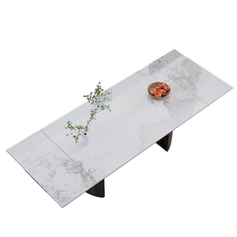 9 - Piece 94.48 Modern Minimalist Extendable Sintered Stone Top Double Pedestal Dining Set With 8 Fabric Chairs