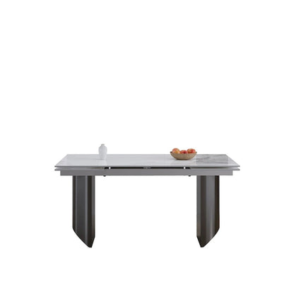 9 - Piece 94.48 Modern Minimalist Extendable Sintered Stone Top Double Pedestal Dining Set With 8 Fabric Chairs